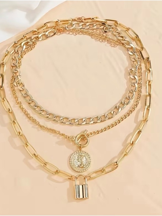 🔥 3 pc Golden Lock & Coin Necklace Set - Picture 2 of 5